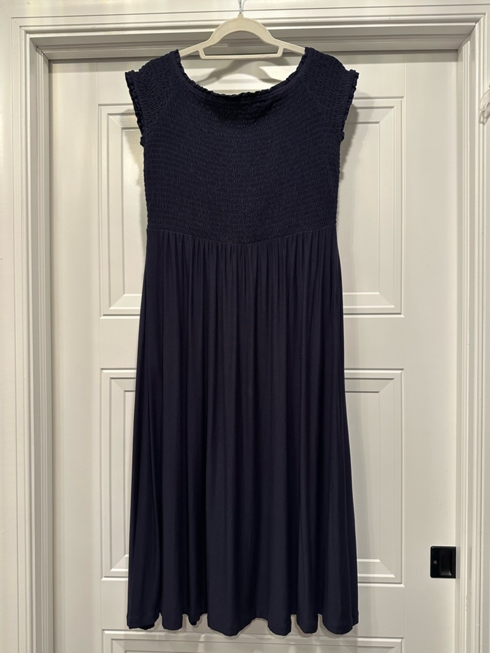 Boden Navy Blue Smocked Bodice Knit Midi Dress w/ Pockets 10P